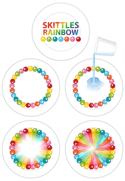 Vettore gratuito skittles rainbow science experiments un'illustrazione vettoriale isolata