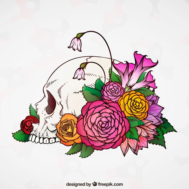 手描きの色とりどりの花とスカルの背景