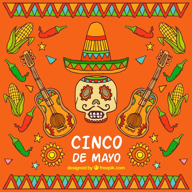 Skull background with hand drawn mexican hat