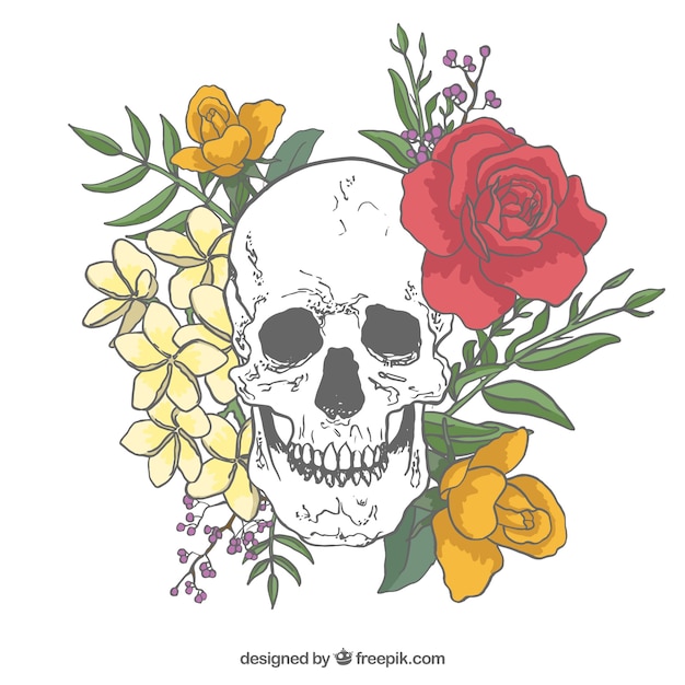 Free vector skull background with roses and hand drawn leaves