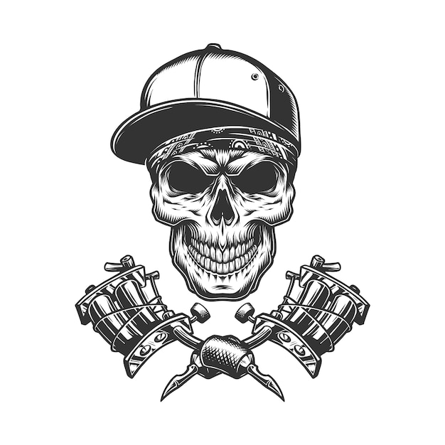 Skull in bandana and baseball cap