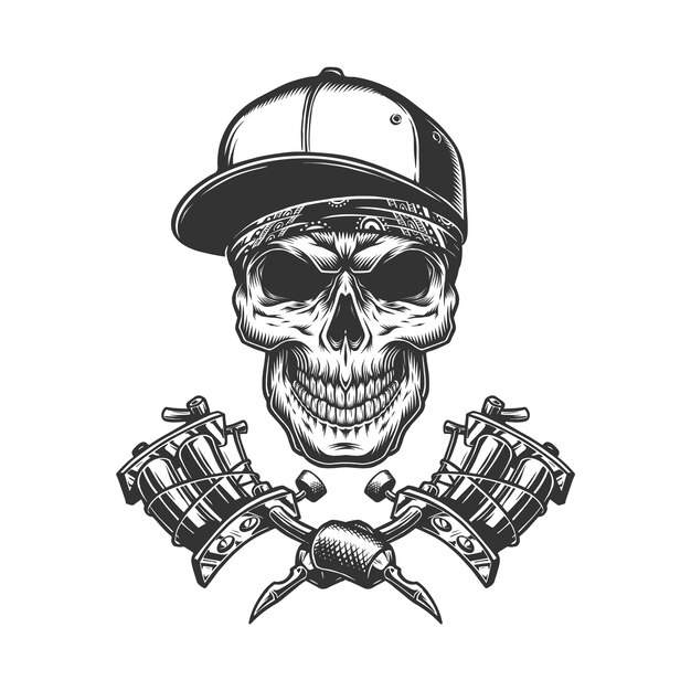 Skull in bandana and baseball cap