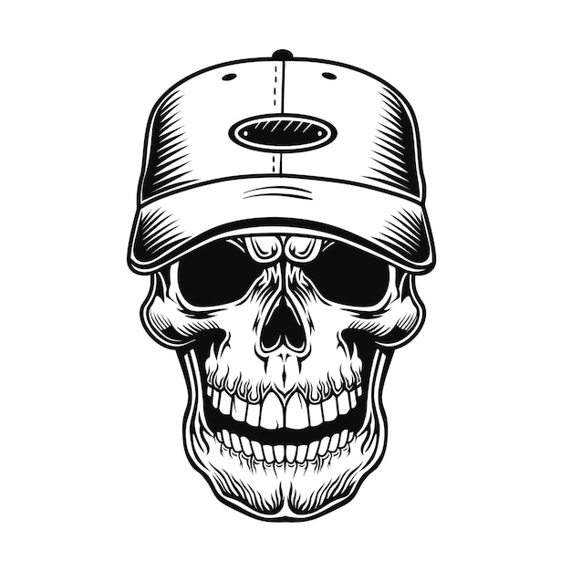 Skull of baseball player vector illustration. Head of character in cap