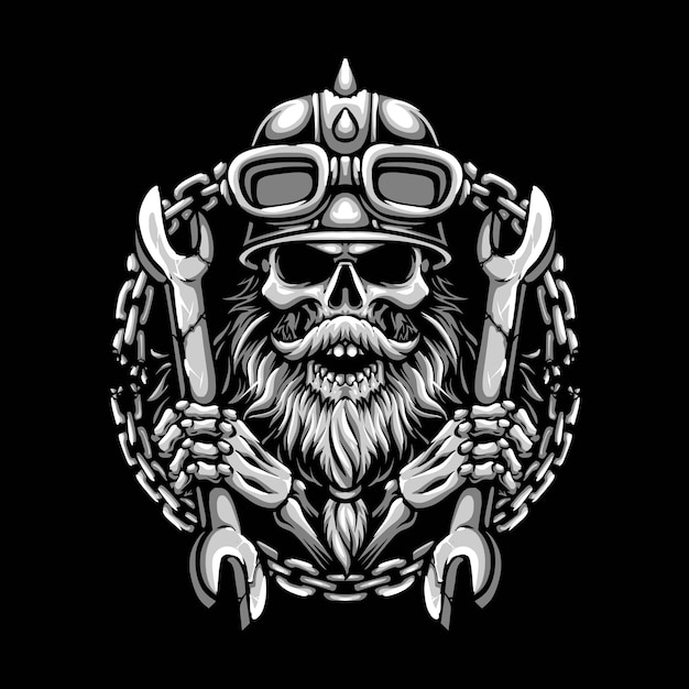 Skull biker holding wrench vector logo