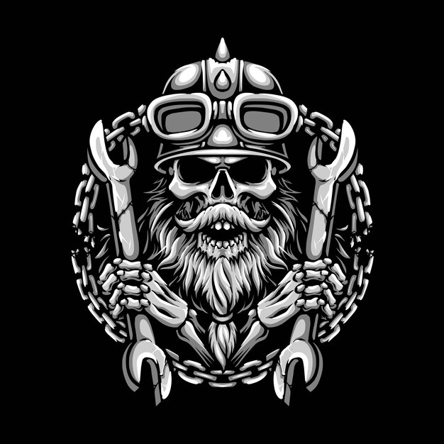 Skull biker holding wrench vector logo