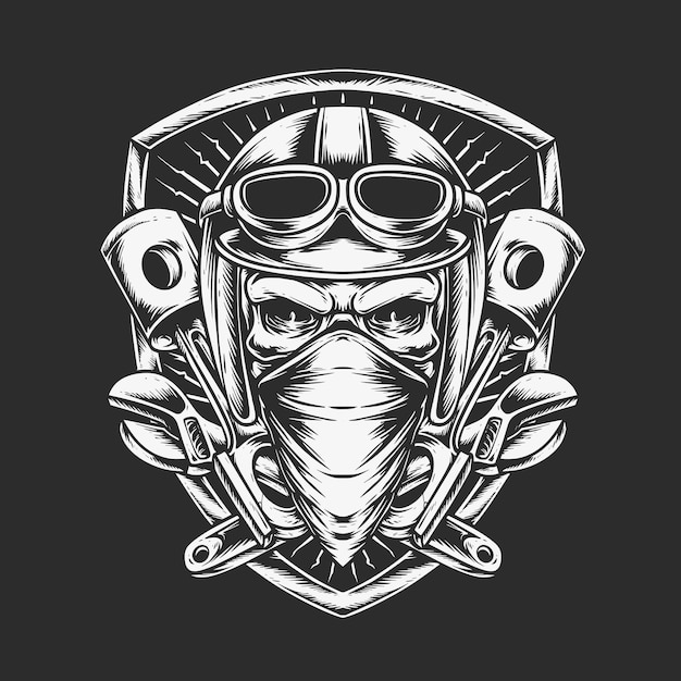 Free vector skull biker with wrench and piston logo