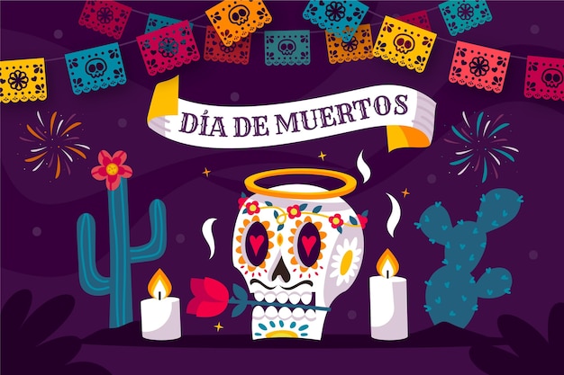 Vettore gratuito teschio e cactus dia de muertos sfondo