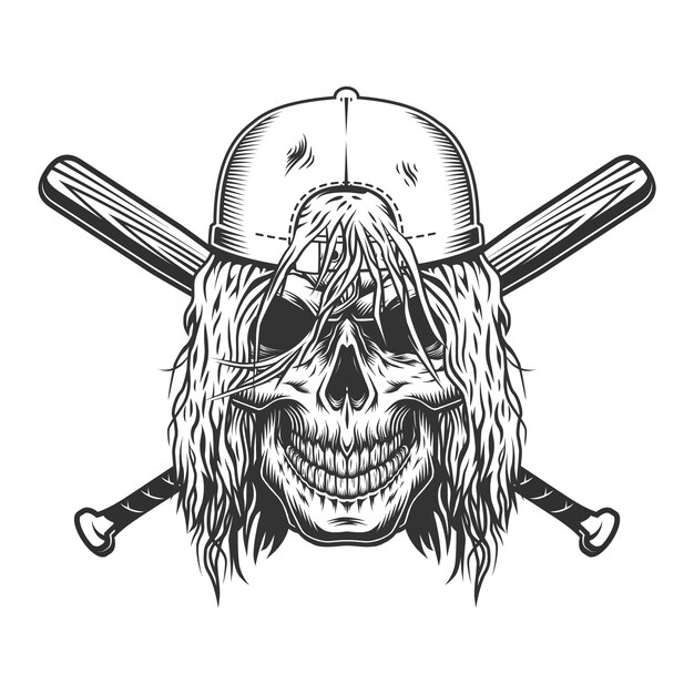 Skull in cap with long hair