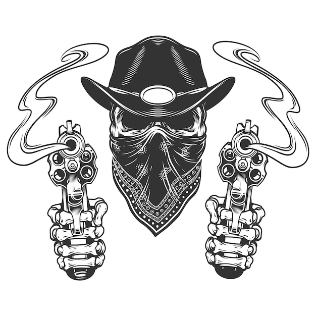 Бесплатное векторное изображение Череп в ковбойской шляпе и шарфе