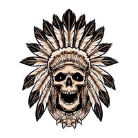 Skull indian wearing headdress isolated on white