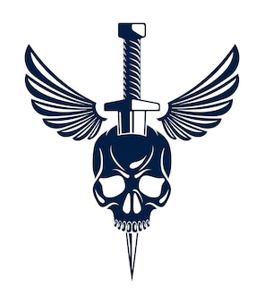 Череп, убитый кинжалом, ножом с крыльями, винтажная векторная эмблема или логотип, изолированные на белом, герб в винтажном стиле, преступность со знаком банды, тату в классическом стиле.