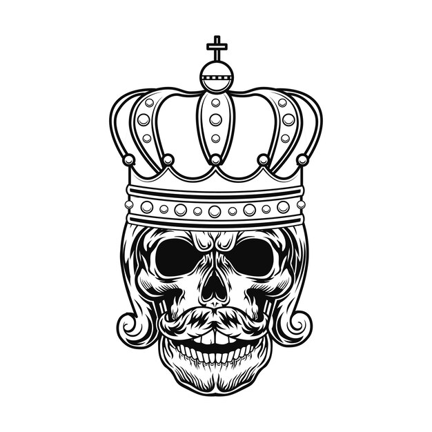 Skull of monarch vector illustration. Head of king or tsar with beard, royal hairdo and crown