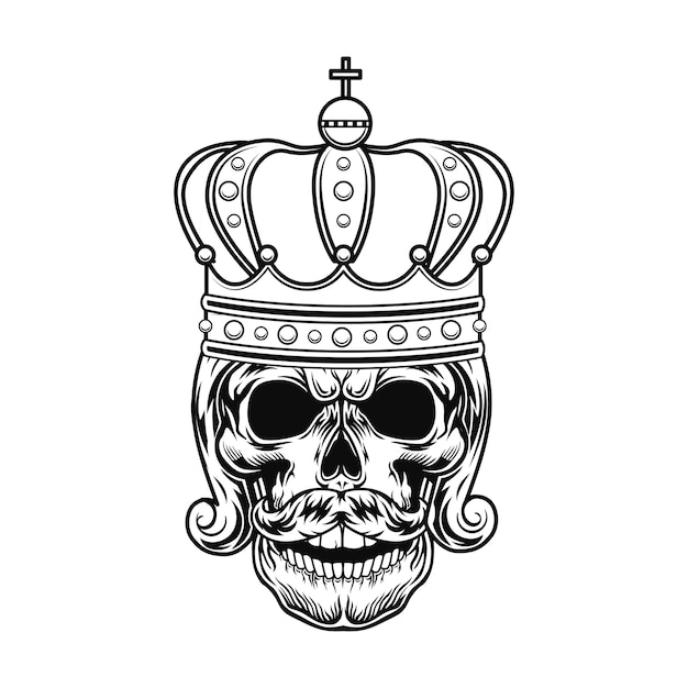 Skull of monarch vector illustration. Head of king or tsar with beard, royal hairdo and crown