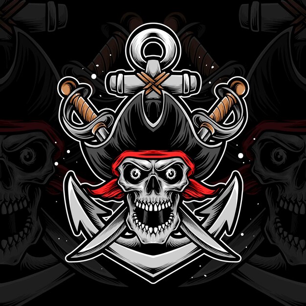 Skull pirate with sword and anchor
