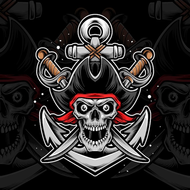 Пиратский череп с мечом и якорем