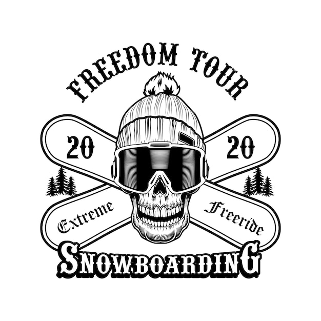 Skull of snowboarder in hat vector illustration. head of
skeleton, extreme freeride text on crossed boards. winter activity
and sport concept for ski resort or club and communities
emblems