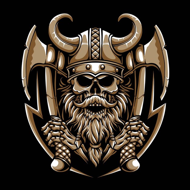Skull viking holding axe vector logo