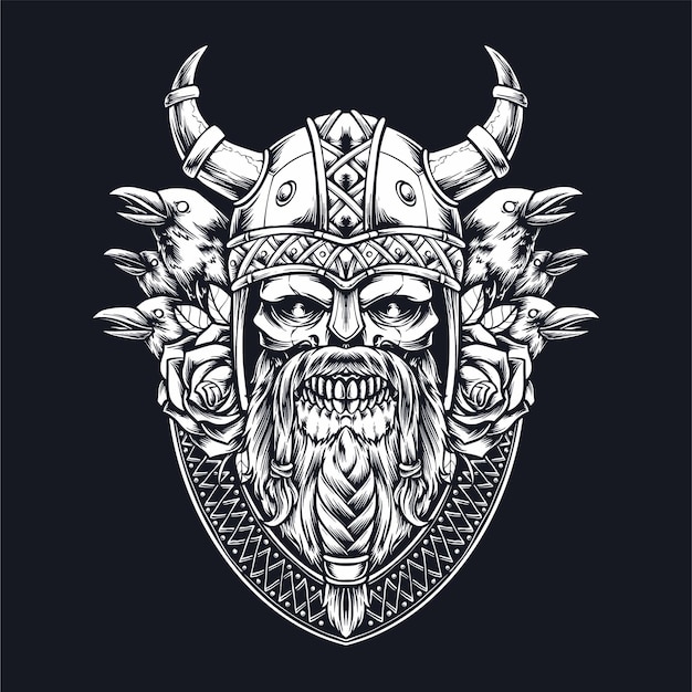 Free vector skull viking and raven illustrationjpg