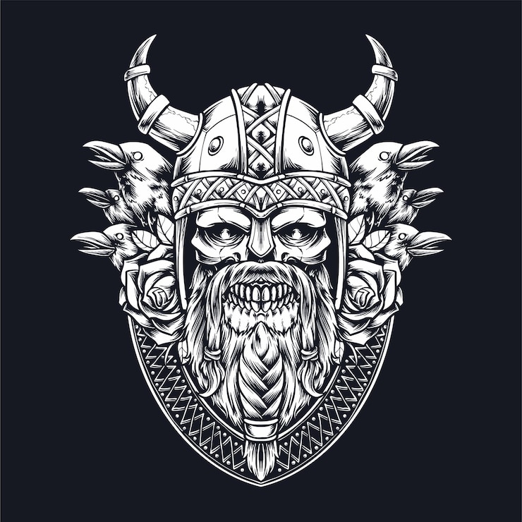 Free Vector skull viking and raven illustrationjpg