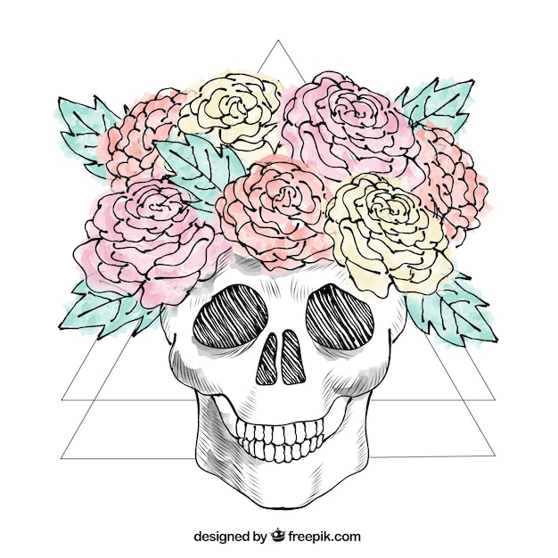 Free vector skull with hand drawn flowers