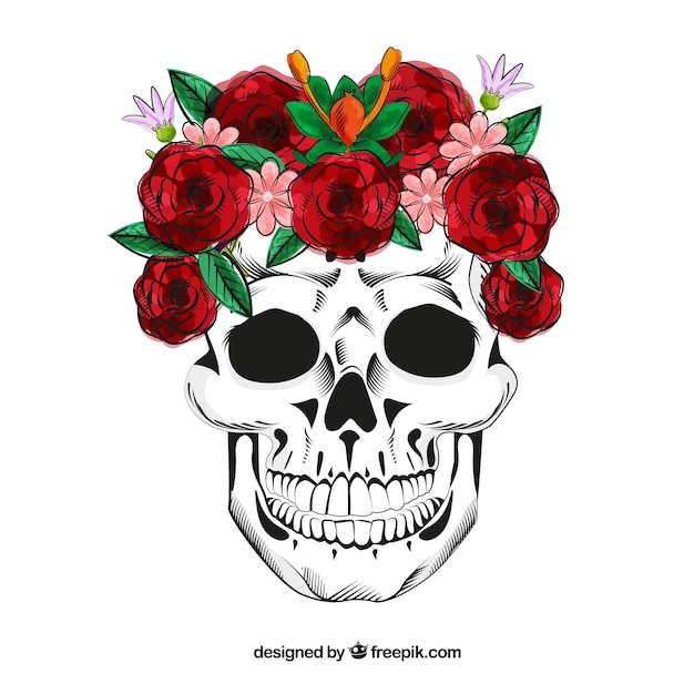 Skull with hand drawn roses