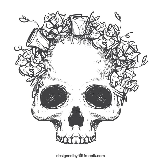 Skull with hand-drawn wreath