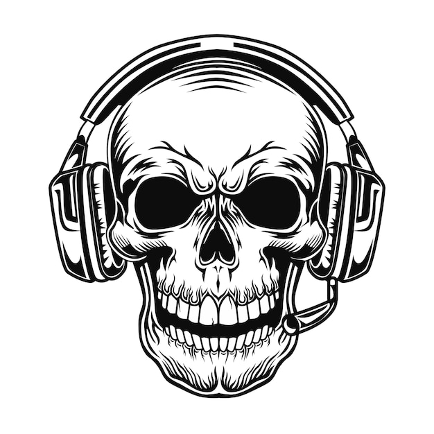 Skull with headset vector illustration. Head of character in headphones