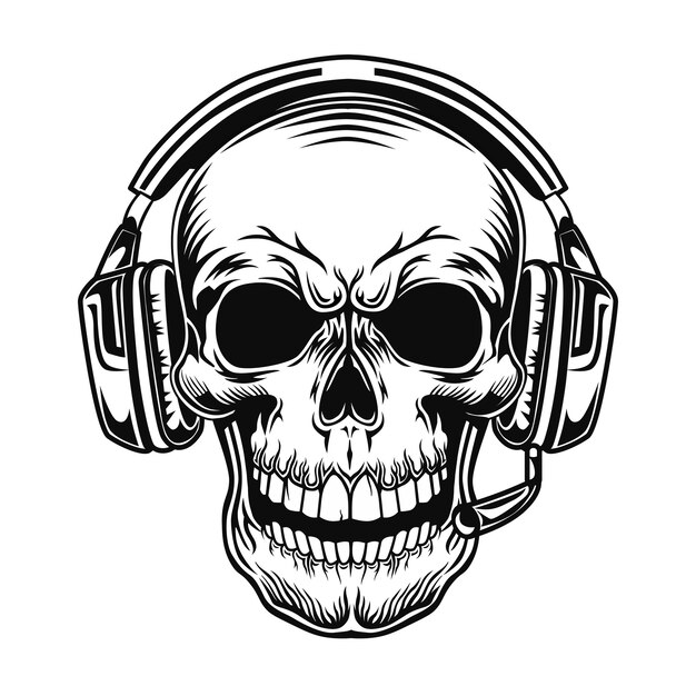 Skull with headset vector illustration. Head of character in headphones