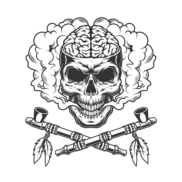 Free vector skull with human brain in smoke cloud