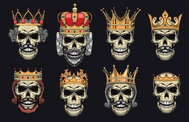 Free vector skulls in crowns flat illustration set