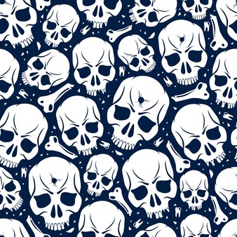 Skulls seamless pattern, vector background with crazy sculls for hard rock and rock n roll subculture prints textile, hazard and danger, horror and death theme.