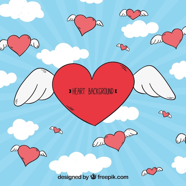 Free vector sky background with hand drawn hearts with wings