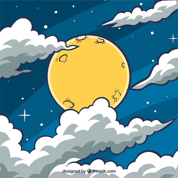 Free vector sky background with moon and hand drawn clouds