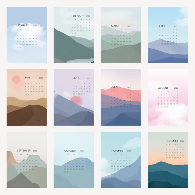 Sky & mountain yearly calendar vector in minimal scandinavian aesthetics printable vector template set