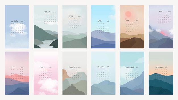 Sky & mountain yearly calendar vector in minimal\
scandinavian aesthetics printable vector template set