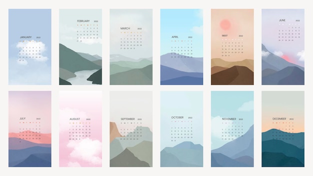 Sky & mountain yearly calendar vector in minimal scandinavian aesthetics printable vector template set