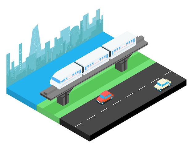 Free vector sky train and city skyline isometric. railway transportation, railroad urban