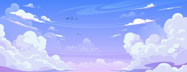 Sky with anime fluffy curve shaped clouds Cartoon vector illustration of sunny summer day cloudy heaven background with blue and pink gradient color Panoramic air landscape in clear weather