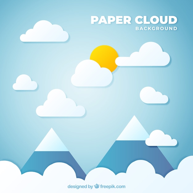 Небо с облаками и горы фон в текстуре бумаги