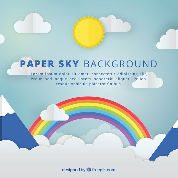 Sky with clouds and rainbow background in paper texture