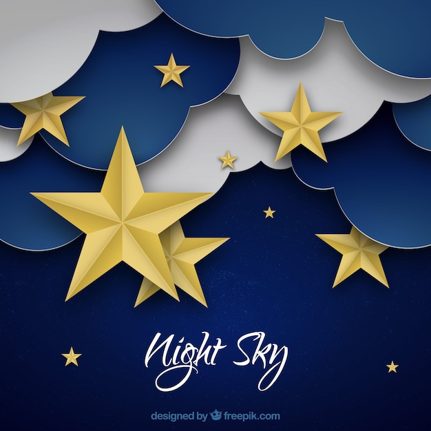 Free vector sky with clouds and stars background in paper texture