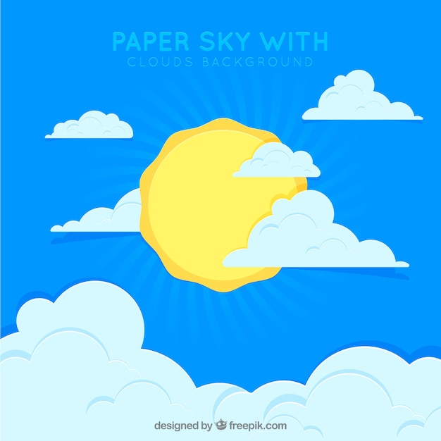 Free vector sky with clouds and sun background in paper texture