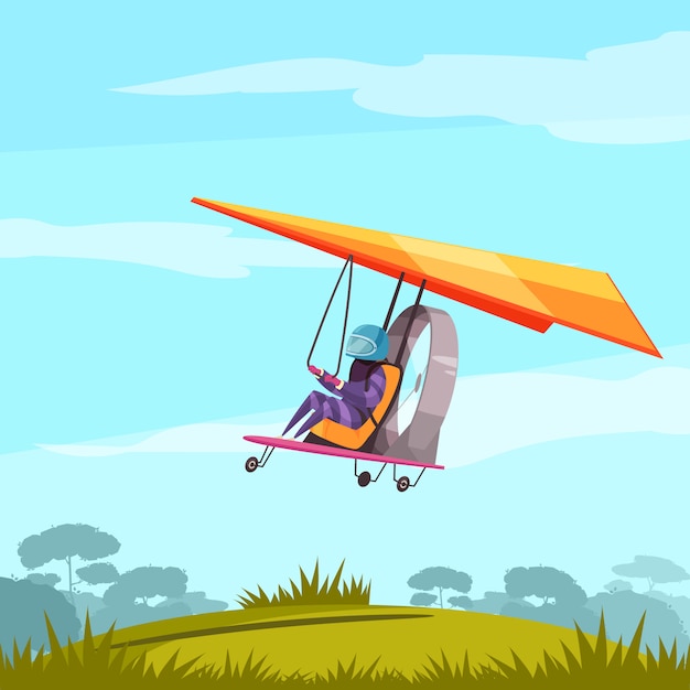 Прыжки с парашютом экстремальный спорт приключение плоский абстракция с пилотом планера полета до посадки ландшафта
