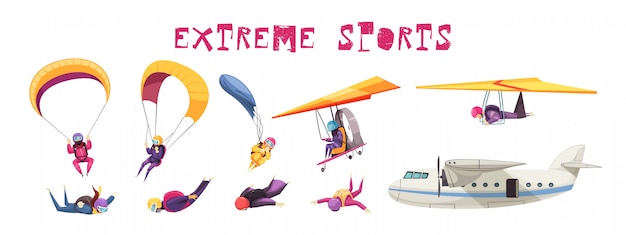 Skydiving extreme sport elements flat icons collection with parachute jump free fall airplane glider isolated