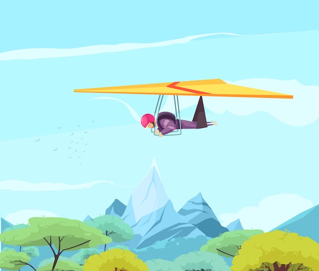 Skydiving extreme sport flat with free style hang gliding above\
oriental trees and mountains