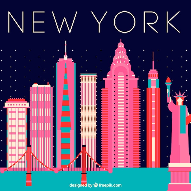 Vettore gratuito skyline di new york con edifici rosa