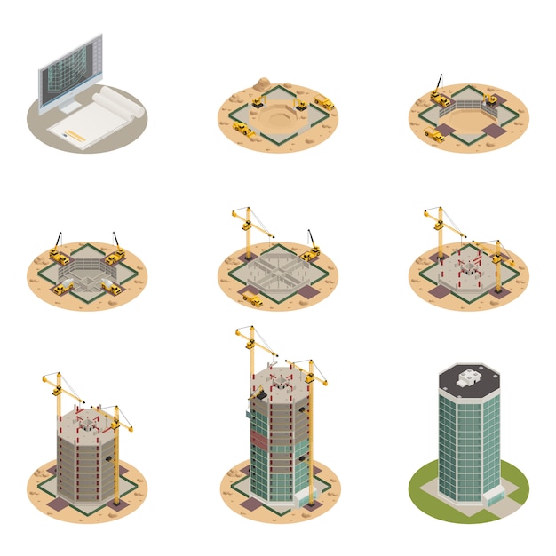 Free vector skyscraper construction isometric set