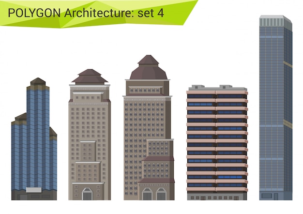 Skyscrapers, city houses and buildings polygonal style set.