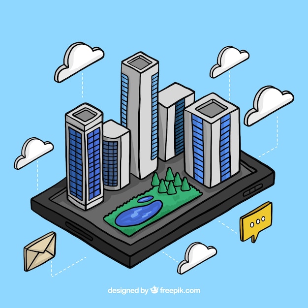 Skyscrapers with hand drawn communication elements