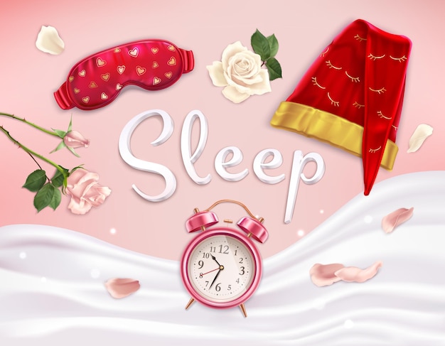 Sleep accessories composition of realistic images with soft linen flowers and alarm clock with editable text